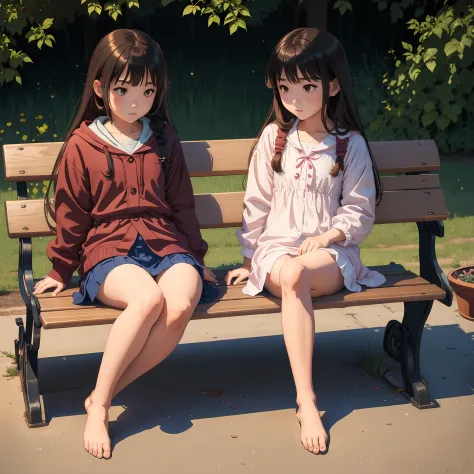 A loli wearing JK sits barefoot on a bench --auto