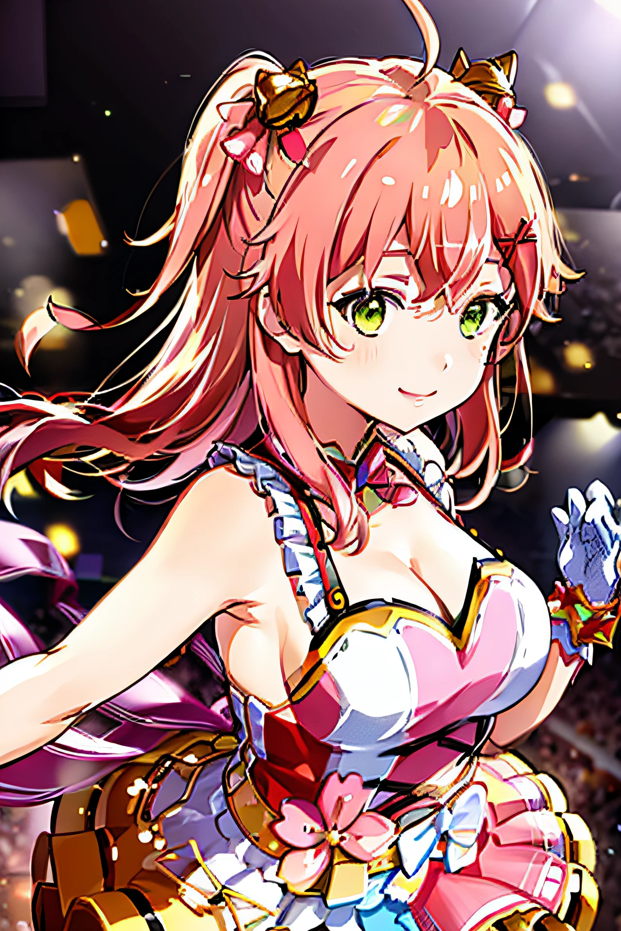 Meisterwerk, beste Qualität, highres, miko4, 1 Mädchen, Hololive-Idol-Uniform, Sakura Miko, Idol-Kleidung, grüne Augen, ahoge, pinkes Haar, Allein, x Haarschmuck, Haarklammer, einzelne Overknee-High-Heels, Weiße Handschuhe, lange Haare, Blumenmuster, bell, Haarglocke, Dekollete, rosa halterlose Strümpfe, Eine Seite nach oben, auf der Bühne, Achseln, Tanzen, lächeln