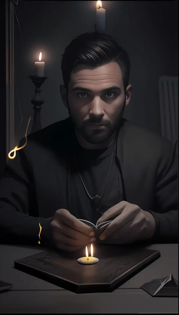 male in his 30s sitting in a chair looking straight ahead, ouija board on table, ouija board, unlit candle on table, candle on wall, darkened photo, ultra realistic, 8k