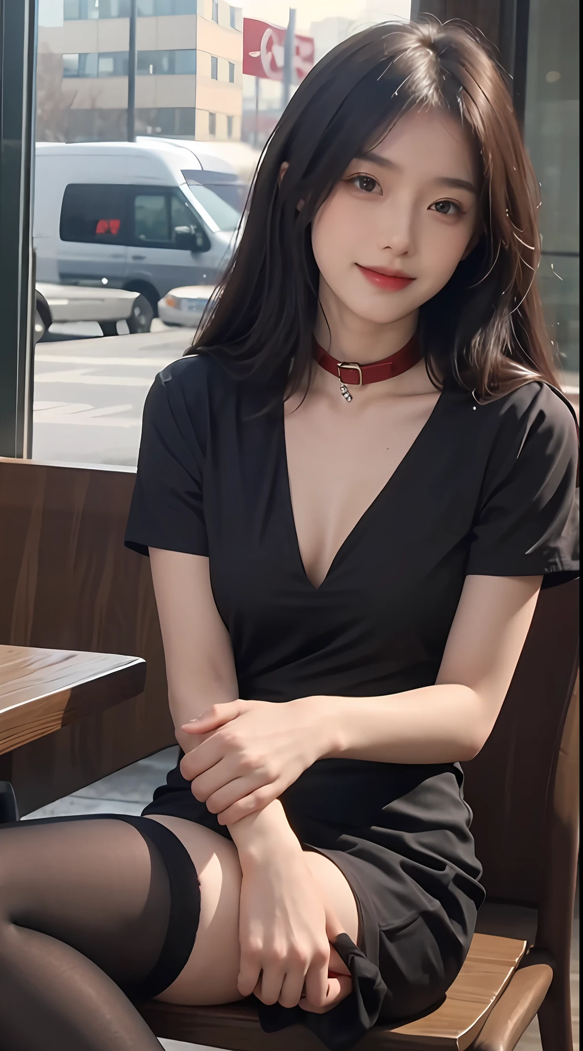 8K, Best quality, Masterpiece: 1.2) , super detailing, 1 girl, Cute, independence, Beautiful Details Sky, details cafe,Sit down, Date, (Nose Red) , Sweet smile,  (body) Small breasts, beatiful detailed eyes, (collar shirt: 1.1) , Black dress, black sheer stockings, Night, Wet, business dress, rain, Long hair, Flowing hair, styled, Half-naked,