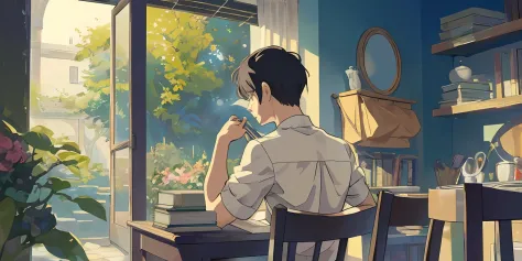 (masterpiece:1.2), best quality,PIXIV, The Garden of Words,
1boy, male focus, sitting, solo, from behind, indoors, shirt, book, ...