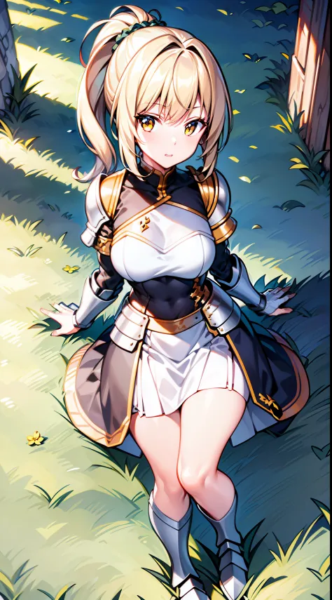 Masterpiece, Best quality, high resolution, Solo, 
1girll, blond hairbl, Yellow eyes, pony tails, Animal ears, Tail, 
Original costume 2, a white long skirt, Armor,  sword, A shield,