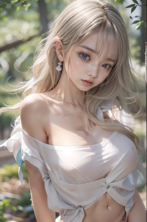 ((From behind))、((sixteen years old、Very cute girl naked and on all fours、Wearing white silk extreme microstring、In a beautiful park))、((Wearing a white silk swooping open shirt:1.5))、(((huge tit:1.3、droopy chest:1.5)))、8k、emphasis on the buttocks、Open but...