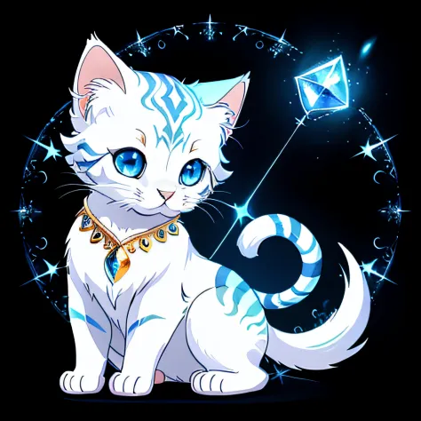 masterpiece,  best quality, highly detailed, 1 mythical kitten , white , blue eyes, fantasy style，quadratic element