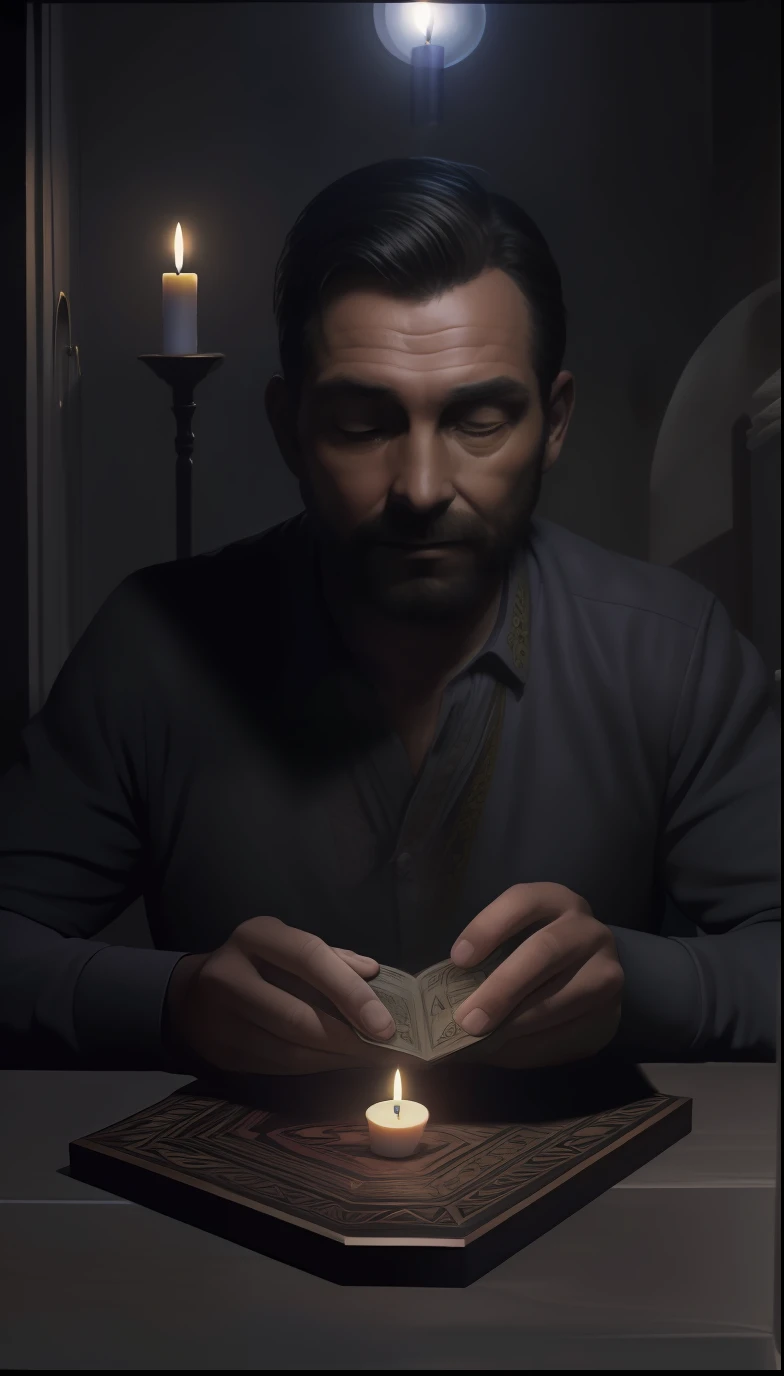 ((Melhor qualidade)) ((hiper realista)) homem na casa dos 30 anos sentado em uma cadeira olhando para frente, Placa Ouija na Mesa, Placa Ouija, candle not lit on the table, vela na parede, foto escurecida, ultra realistic, 8k