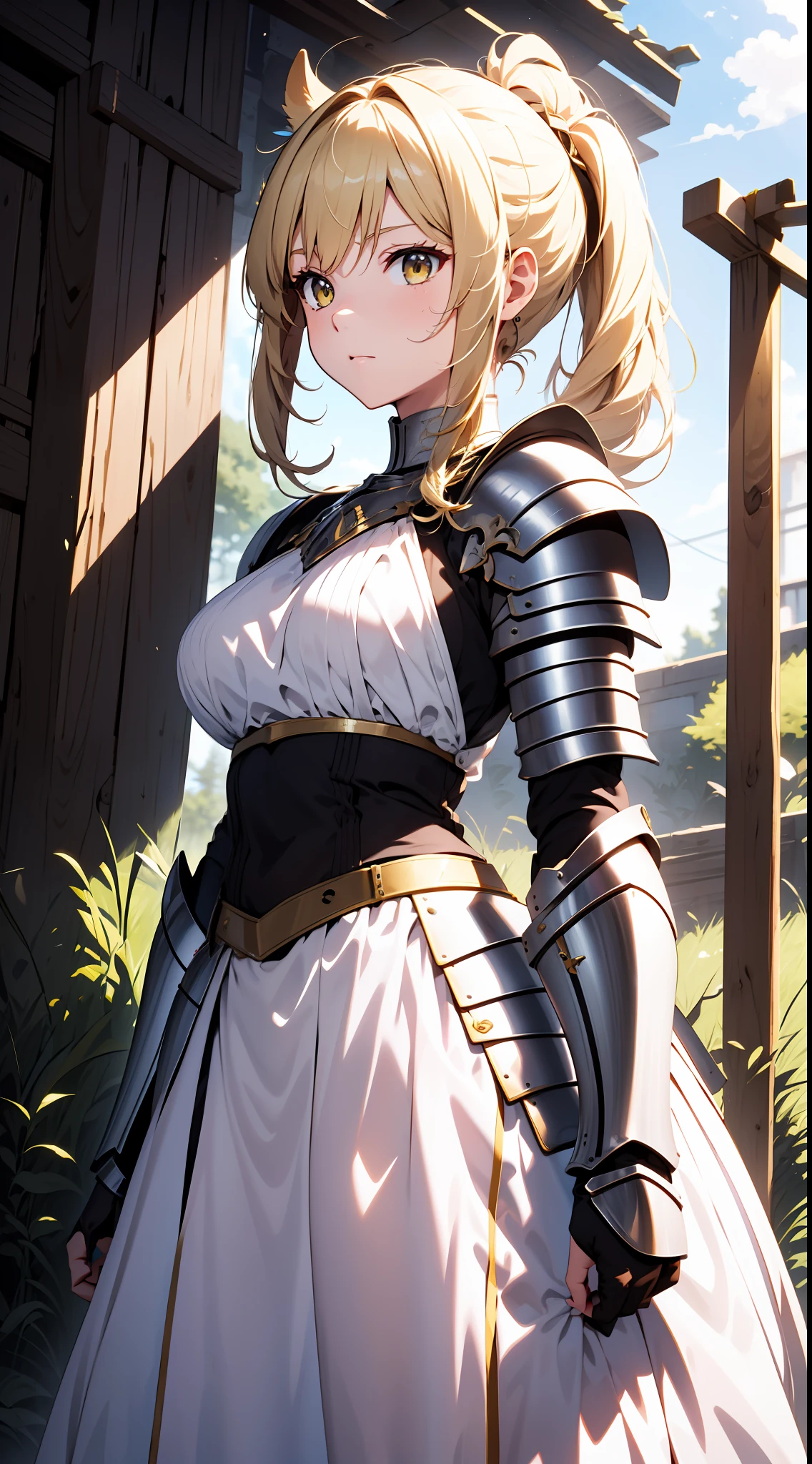 Masterpiece, Best quality, high resolution, Solo, 
1girll, blond hairbl, Yellow eyes, pony tails, Animal ears, Tail, 
Original costume 2, a white long skirt, Armor,  sword, A shield,