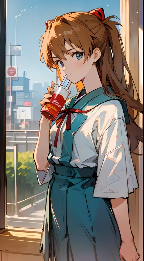 1 girl, asuka,school uniforms in japan, evangelion, 8k, best quality, japanese cloth, looking out the window, more details,drink...