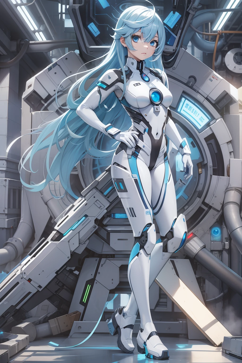 Silver-blue hair，blue colored eyes，Machine body，Cute girl，White research suit，Both arms were replaced by weapon artillery，Energy Heart，Mechanical wiring is all over the body。