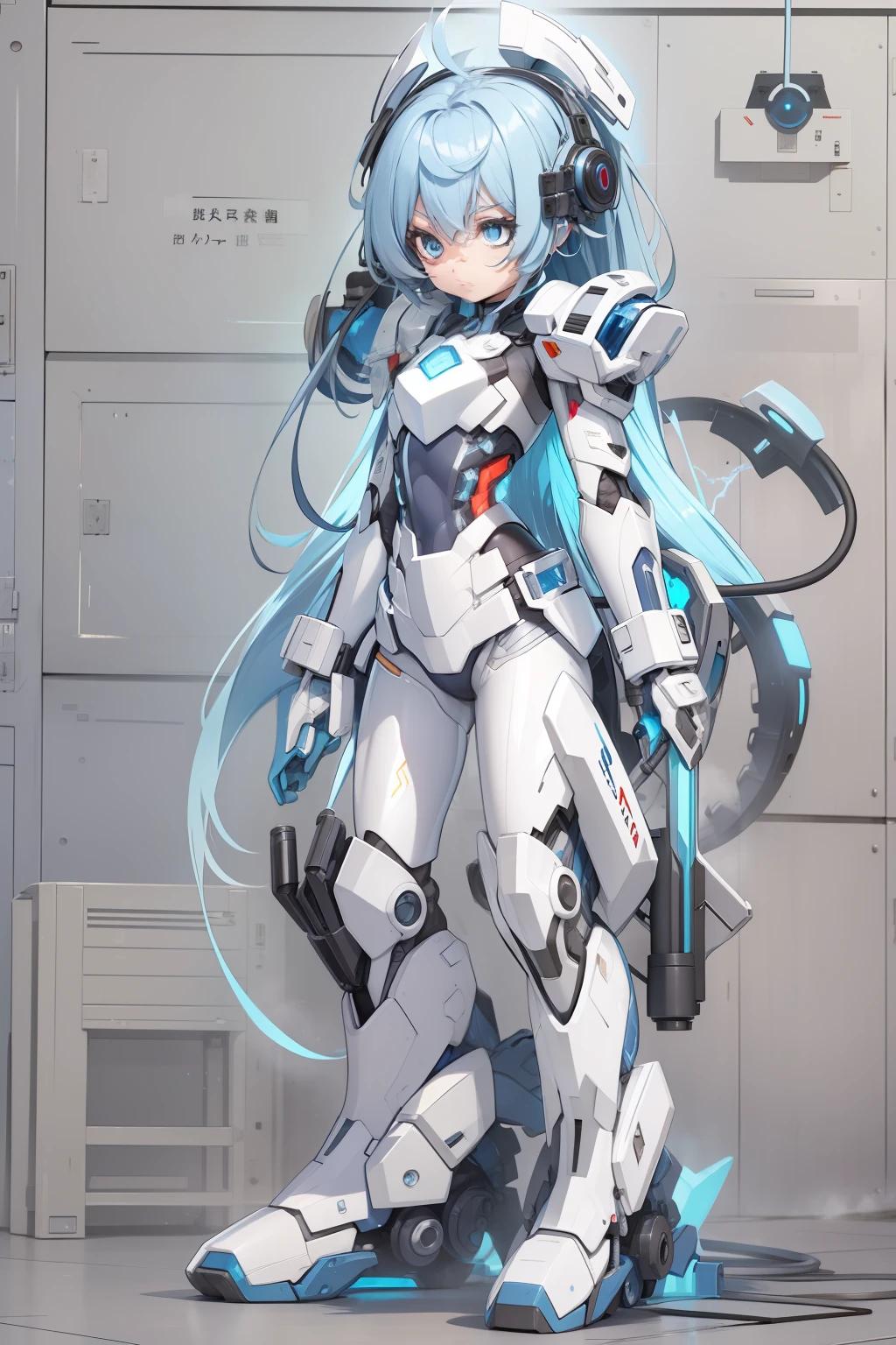 Silver-blue hair，blue colored eyeachine body，Cute girl，White research suit，Both arms were replaced by weapon artillery，Energy Heart，Mechanical wiring is all over the body。