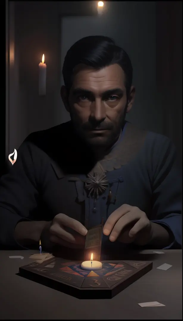 homem na casa dos 30 anos sentado em uma cadeira olhando para frente, Placa Ouija na Mesa, Placa Ouija, candle not lit on the table, vela na parede, foto escurecida, ultra realistic, 8k