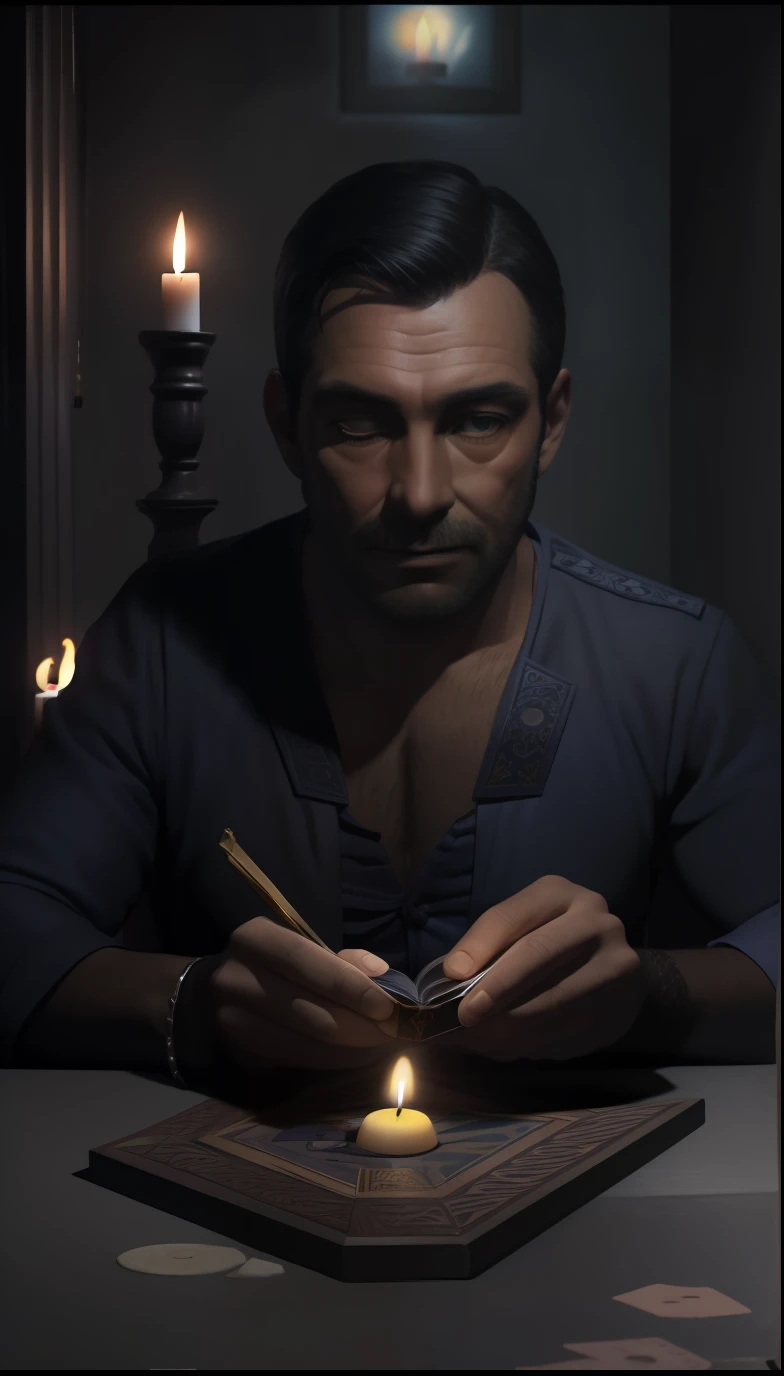 homem na casa dos 30 anos sentado em uma cadeira olhando para frente, Placa Ouija na Mesa, Placa Ouija, candle not lit on the table, vela na parede, foto escurecida, ultra realistic, 8k