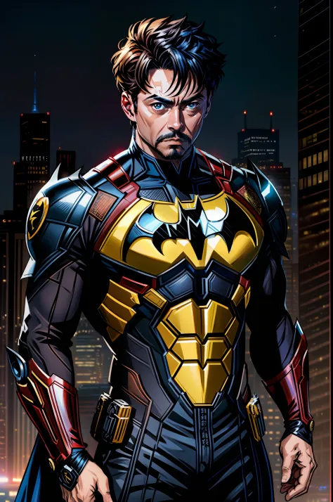 Marvel X DC, Tony Stark + Batman unique Combination, Tony Stark in batman costume, epic background, upper body, badass look, photo (Masterpiece) (Best quality) (detail) (8K) (HD) (Wallpaper) (Cinematic lighting) (Sharp Focus) (Intricate)