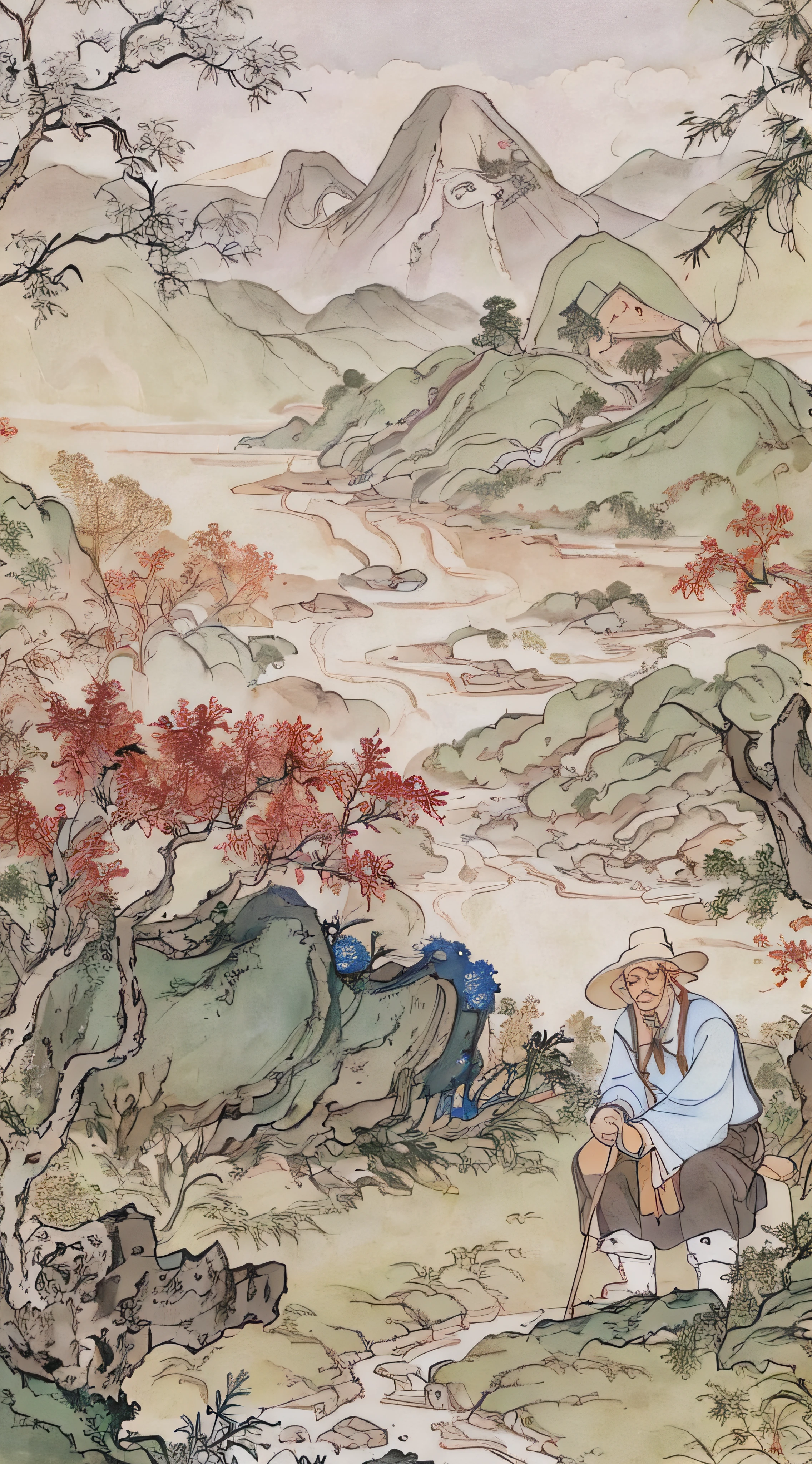 chinese painting, mountain, rock, flower, grass, river, tree, mountain in the distance, (sitting old man), (walking farmer), vanishing point, 35mm, UHD, masterpiece, ccurate, high detail, award-winning, best quality, 4K