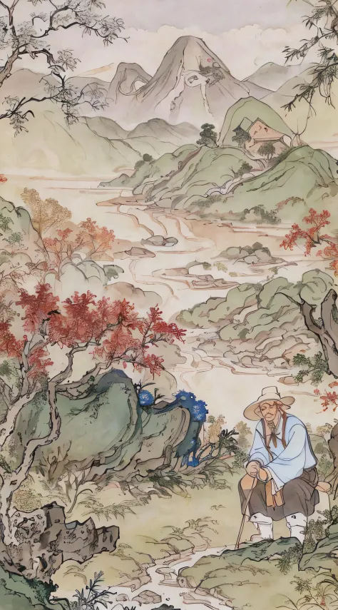 chinese painting, mountain, rock, flower, grass, river, tree, mountain in the distance, (sitting old man), (walking farmer), van...