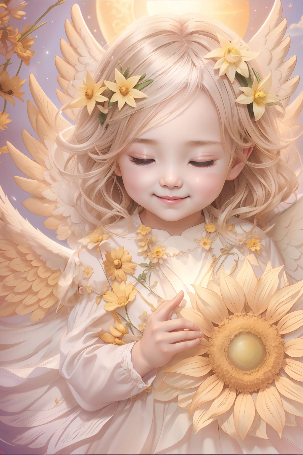 Bénédictions des anges､fond clair、Bébé ange、pleine lune、marque de coeur、tendresse､un sourire、doux、tournesol、prière