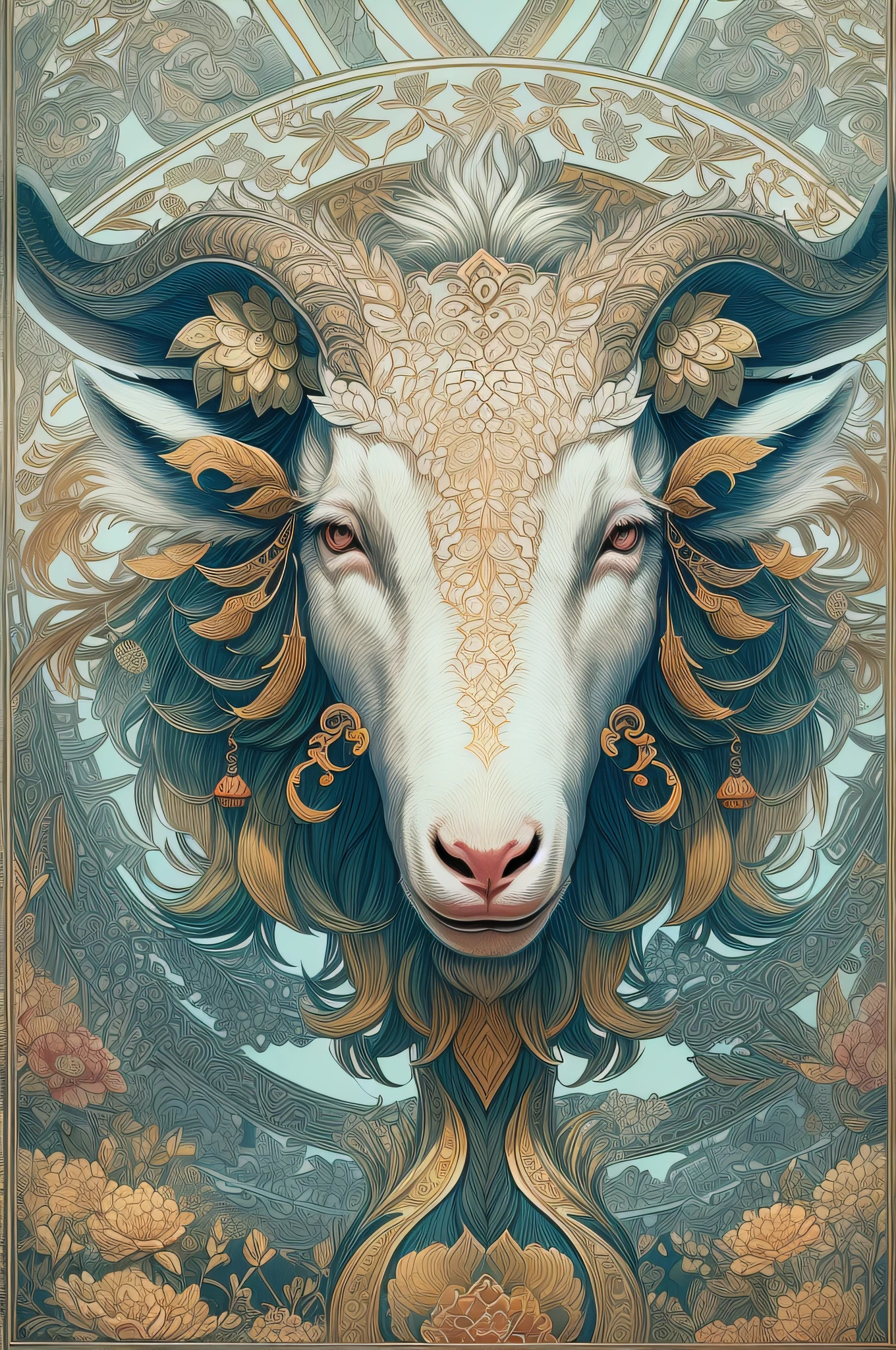 (White background:1.4),(Symmetrical:1.5),(Masterpiece goat's head, In the middle,  Oriental elements),（China - chic illustration:1.2, Vector painting:1.4),(Chinese colors,senior color matching),( reasonable design, Clear lines, High sharpness,Best quality, Very detailed, Masterpiece, offcial art, movie light effect, 4K )