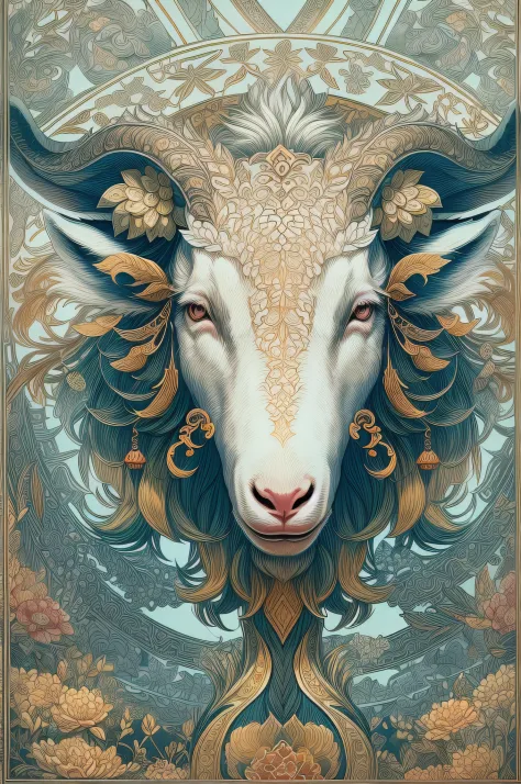 (White background:1.4),(Symmetrical:1.5),(Masterpiece goat's head, In the middle,  Oriental elements),（China - chic illustration:1.2, Vector painting:1.4),(Chinese colors,senior color matching),( reasonable design, Clear lines, High sharpness,Best quality,...
