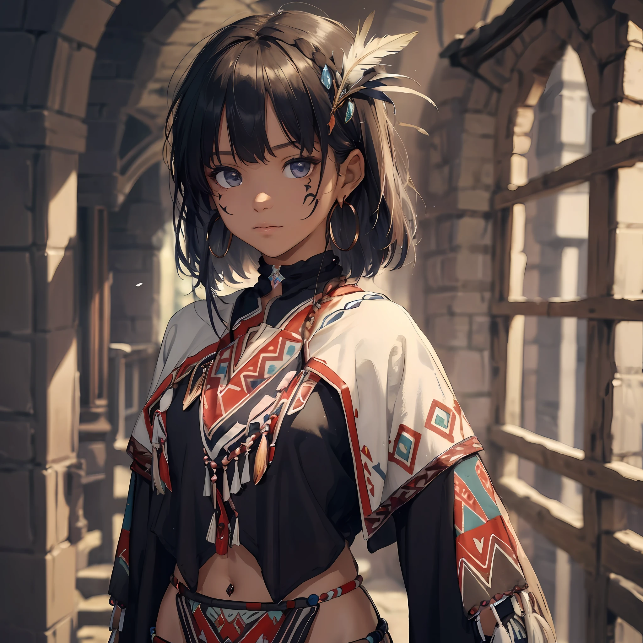 masterpiece, best quality,looking at viewer, closed mouth,Fantasy aesthetics, fantasy earring, Highly detailed, shadowverse style, (Masterpiece:1.2), (Best Quality:1.2), Perfect Eyes, Perfect Face, Volume Lighting, 1girl, Beautiful Woman,18 Years Old, Tattooed on Face, Dark Skin, Brown Eyes, NativAm, Woman in Native Dress, Bikini Yoroy, Fluffy Native Gown, Native Print, In the Cave, vibrant brown eyes