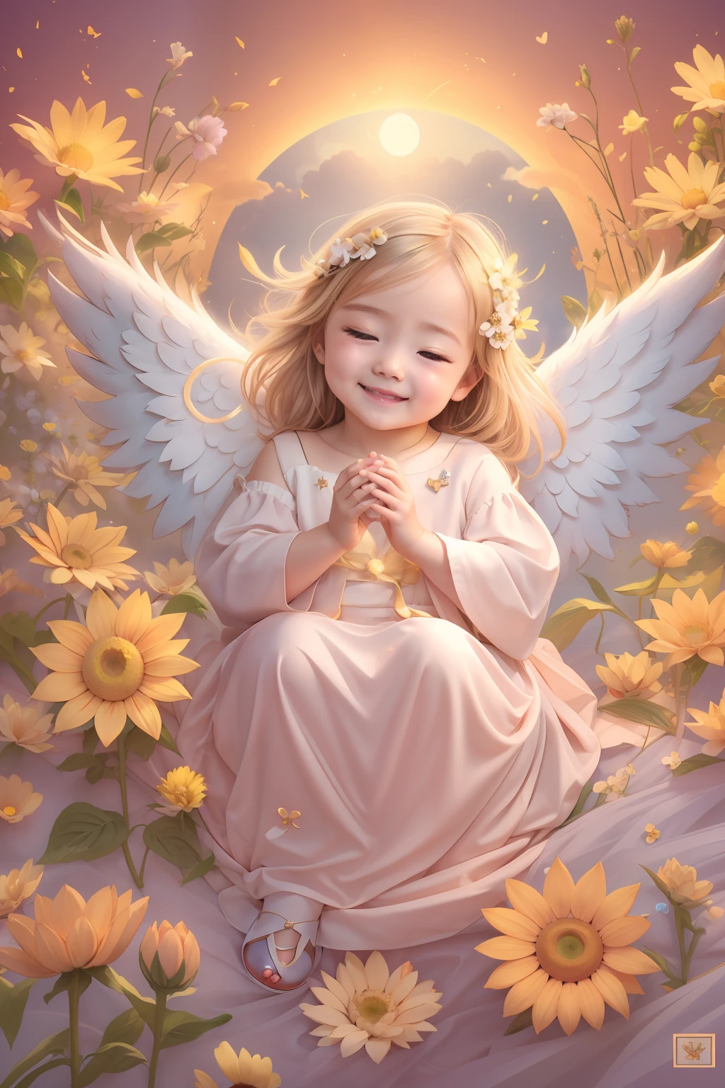 Благословения ангелов､яркий фон、полнолуние、солнечный цветок、знак сердца、нежность､улыбка、нежный､Малыш-ангелочек