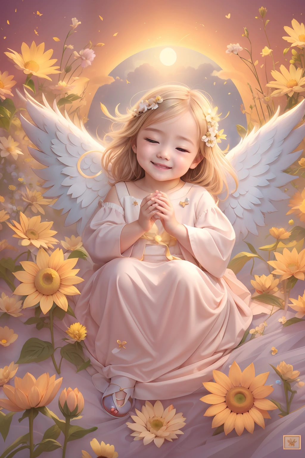 Bénédictions des anges､fond clair、pleine lune、tournesol、marque de coeur、tendresse､un sourire、doux､Bébé ange