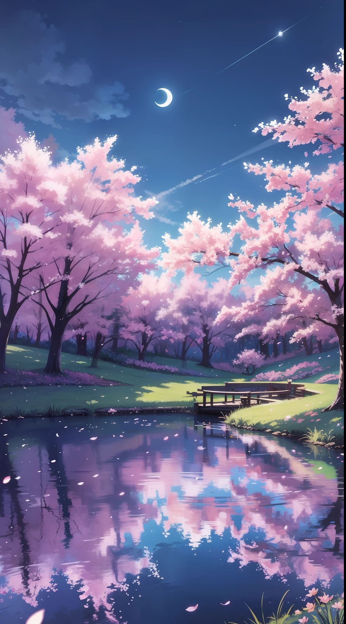 Hintergrund, Wald, Teich in der Mitte, Kirschblüten, Nacht, Mond, blauer Himmel, blaues Gras, Betrachtung, hohe Detailgenauigkeit, Seerosen, gute Qualität