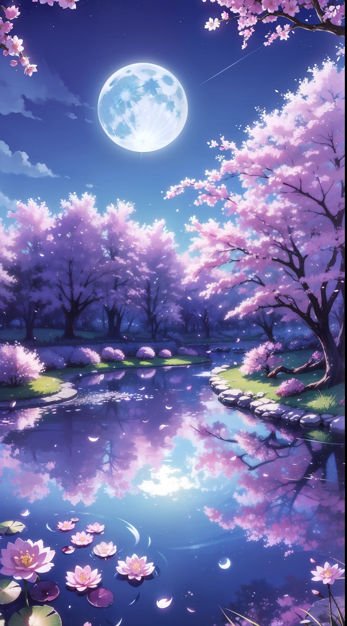 background, forest, pond in the middle, cherry blossoms, night, moon, blue sky, blue grass, reflection, high detail, lilypads, high quality