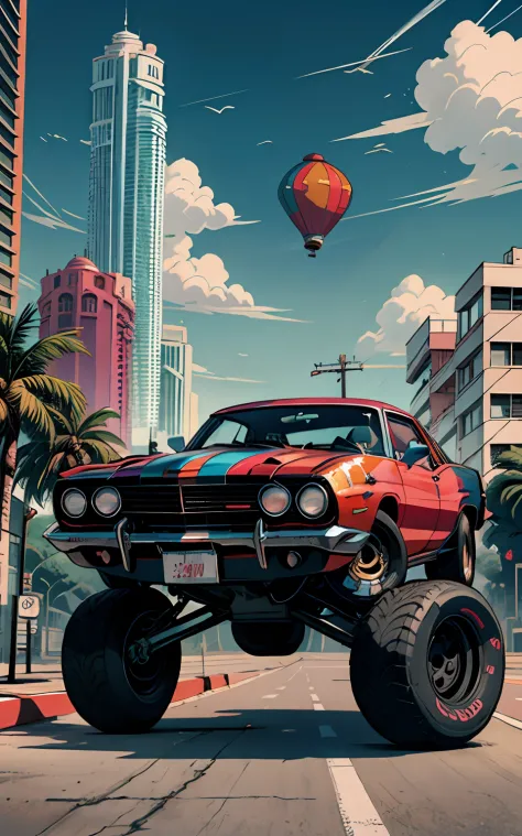 PunkPunkAI colorful dirigible, Muscle Car, Miami Street, cluttered environment