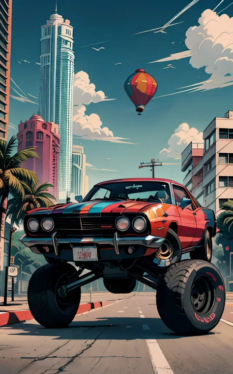 punkpunkai colorful dirigible, muscle car, miami street, cluttered environment