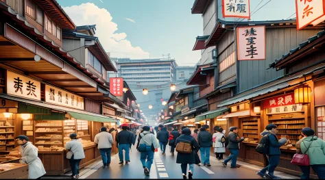 people walking down a street lined with shops and stores, old japanese street market, market in japan, japanese downtown, japane...