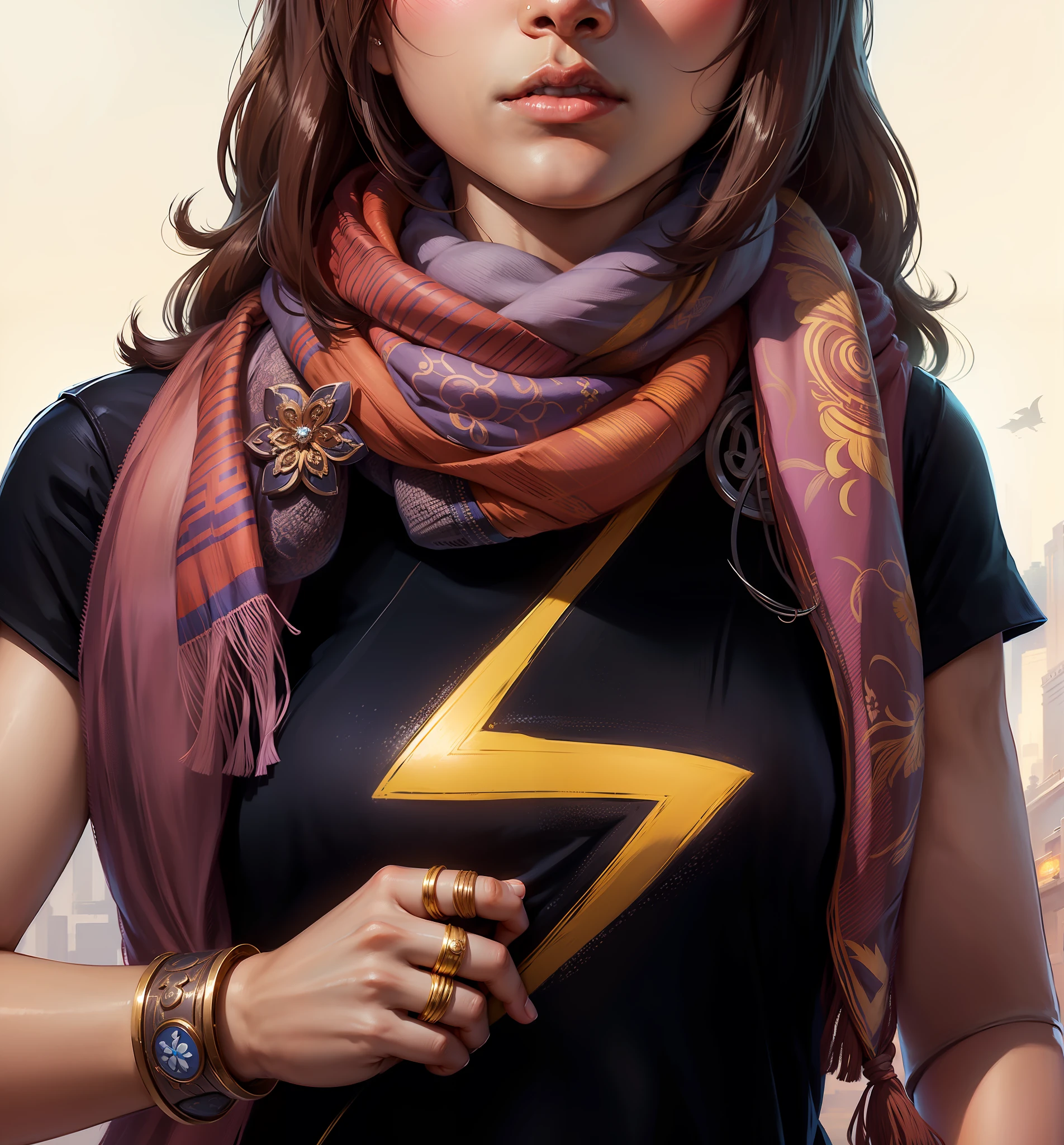 Kamala Khan, Ms. Marvel, frist, close hand, rings, braslet, floral scarf, black shirt, electric symbol, detail hand, close hand, dark brown hair, dark skin, soth asian, Pakistani sexy girl, white background, detailed, 4k, breast