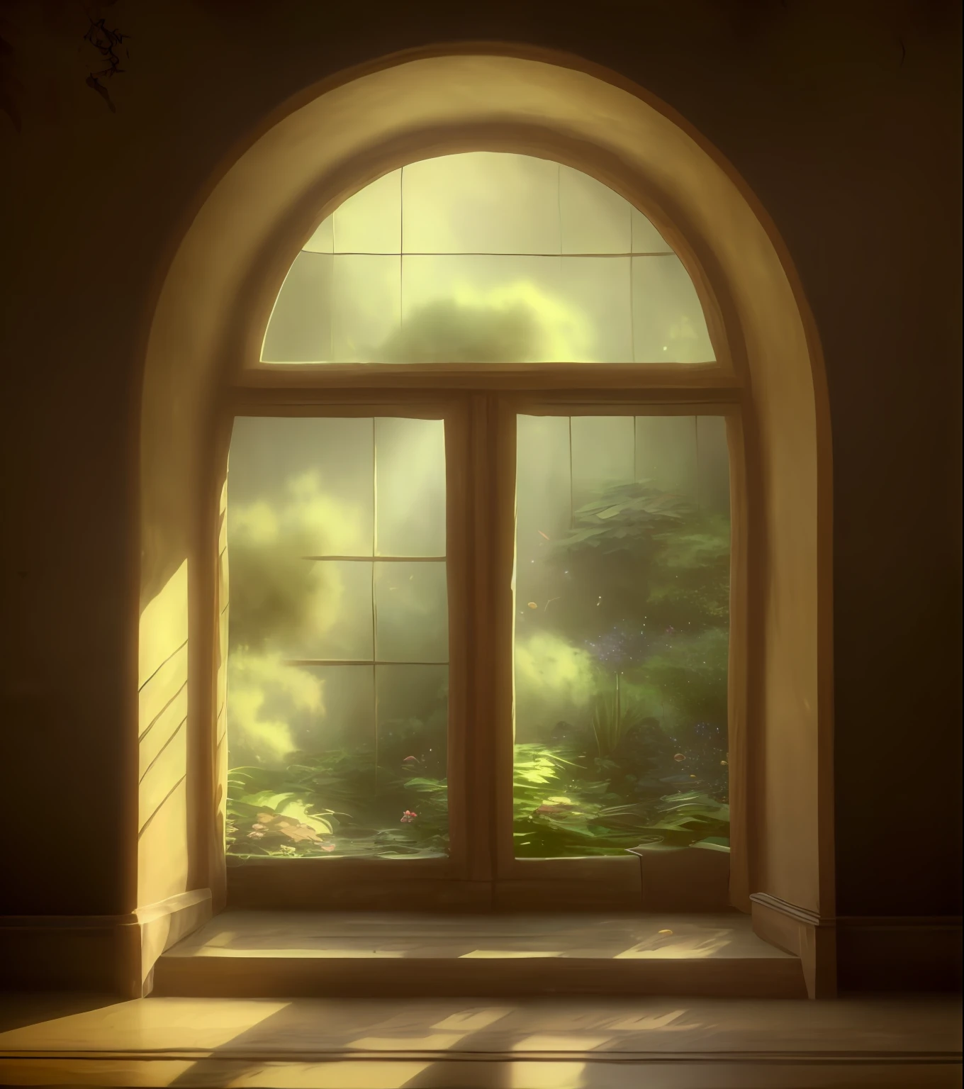 Hay una ventana grande, que da al jardín, arte de fondo interior, atmosférico. pintura digital, pintando la habitación, paredes marrones, estudio de iluminación, fondo de ventana abierta ib, HDR pintura digital, Luz a través de las ventanas, dramatic  luzing. Arte conceptual, luz, penetrando por la ventana