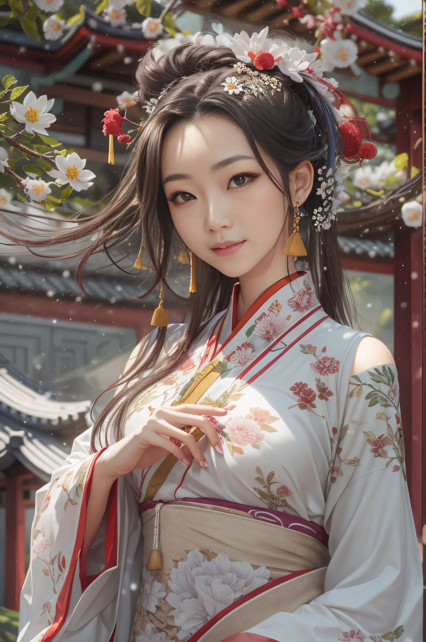 tarot, Best quality, 超高分辨率, (Photorealistic:1.4), 1girll, solofocus, Yae Miko, White skin, Medium breasts, Detailed eyes, voluminetric lighting, Breasts, full bodyesbian, Amazing, finedetail, Breasts, snowflower, Bare shoulders, Detailed face, Face focus, Shiny skin, Long sleeves, Smile, Thick lips, Garden background, Outdoor, Plum tree,chinese traditional architecture, Far view, Tianjuku Pavilion