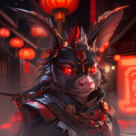 A Chinese pig, magical, Anthropomorphic,Girl, Angry expression, Glowing eyes, Like a mask, Hanfu, Background Ancient Chinese Street, Night. Genshin Impact Impact, Best picture quality, High detail, High quality, 超高分辨率, oc rendered, 8K