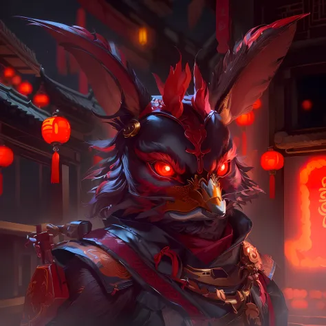 A Chinese chicken, magical, Anthropomorphic,Girl, Angry expression, Glowing eyes, Like a mask, Hanfu, Background Ancient Chinese Street, Night. Genshin Impact Impact, Best picture quality, High detail, High quality, 超高分辨率, oc rendered, 8K