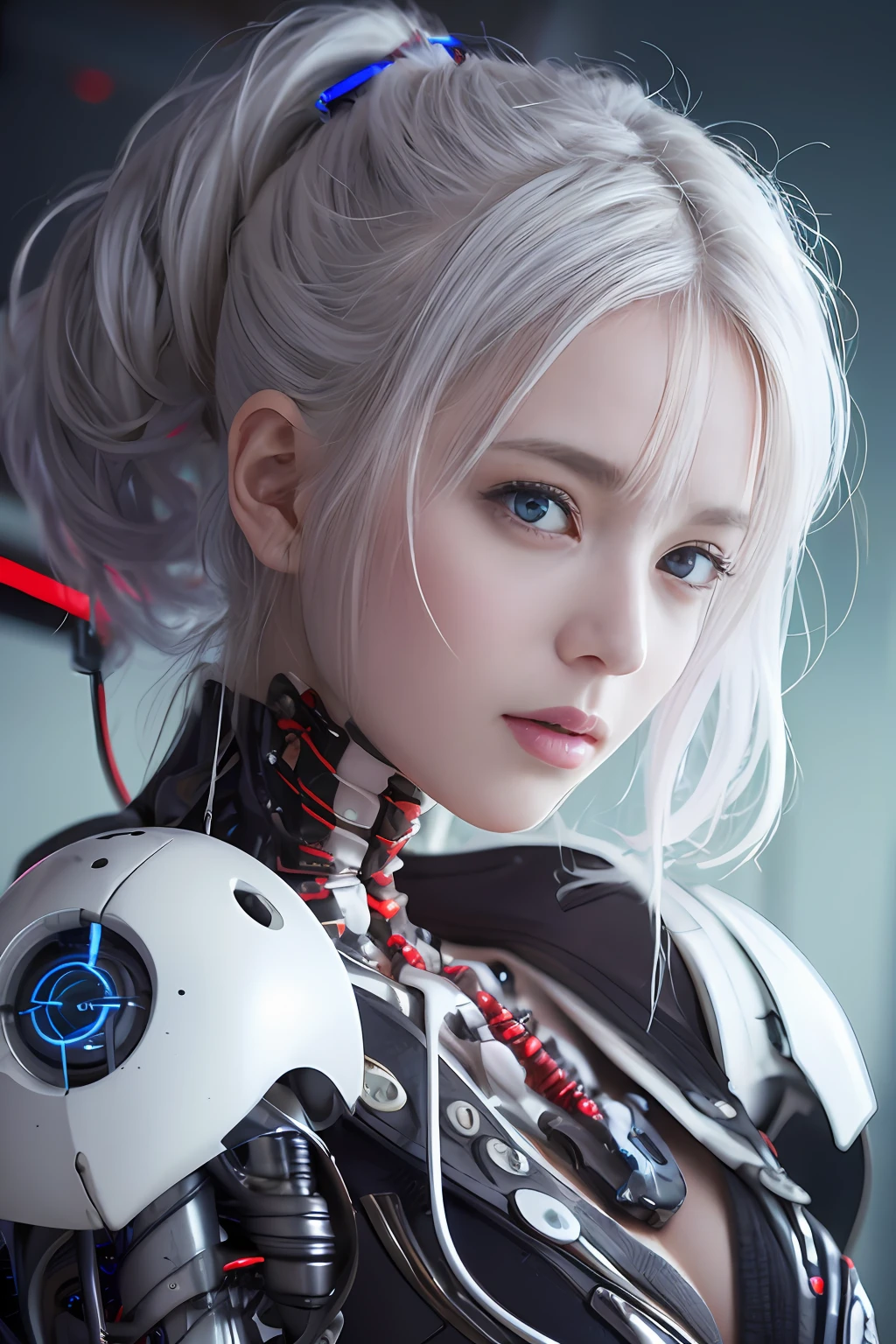 Top Quality, Masterpiece, Ultra High Resolution, (Photorealistic: 1.4), Raw Photo, 1 Girl, White Hair, Glossy Skin, 1 Mechanical Girl, (Ultra Realistic Details)), Portrait, Global Illumination, Shadows, Octane Rendering, 8K, Ultra Sharp, Big, Cleavage Exposed Raw Skin, Metal, Intricate Ornament Details, Cold Color, Egyptian details, very intricate details, realistic light, CGSoation trend, purple eyes, glowing eyes, facing the camera, neon details, mechanical limbs, blood vessels connected to tubes, mechanical vertebrae attached to the back, mechanical cervical attachment to the neck, sitting, wires and cables connecting to the head, evangelion, small LED lamp,