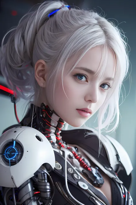 Top Quality, Masterpiece, Ultra High Resolution, (Photorealistic: 1.4), Raw Photo, 1 Girl, White Hair, Glossy Skin, 1 Mechanical...