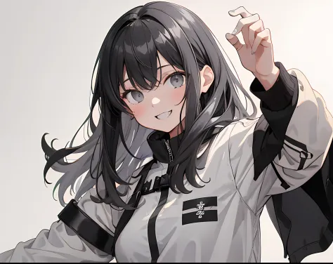 【Highest Quality, masutepiece】 [girl, Manteau, expressioness, Black eyes, front facing, Black hair, Walking, Upper body] (Gray white background:1.7), smile with teeth