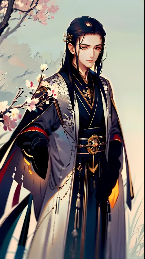 masterpiece, best quality, extremely detailed, detailed background, detailed face, hanfu, long hair, black hair, 1boy, chinese c...