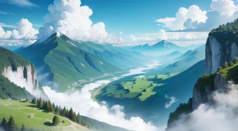 "Scenic view of lush green mountains under a picturesque blue sky with fluffy white clouds, representing the beauty of nature on World Environment Day."