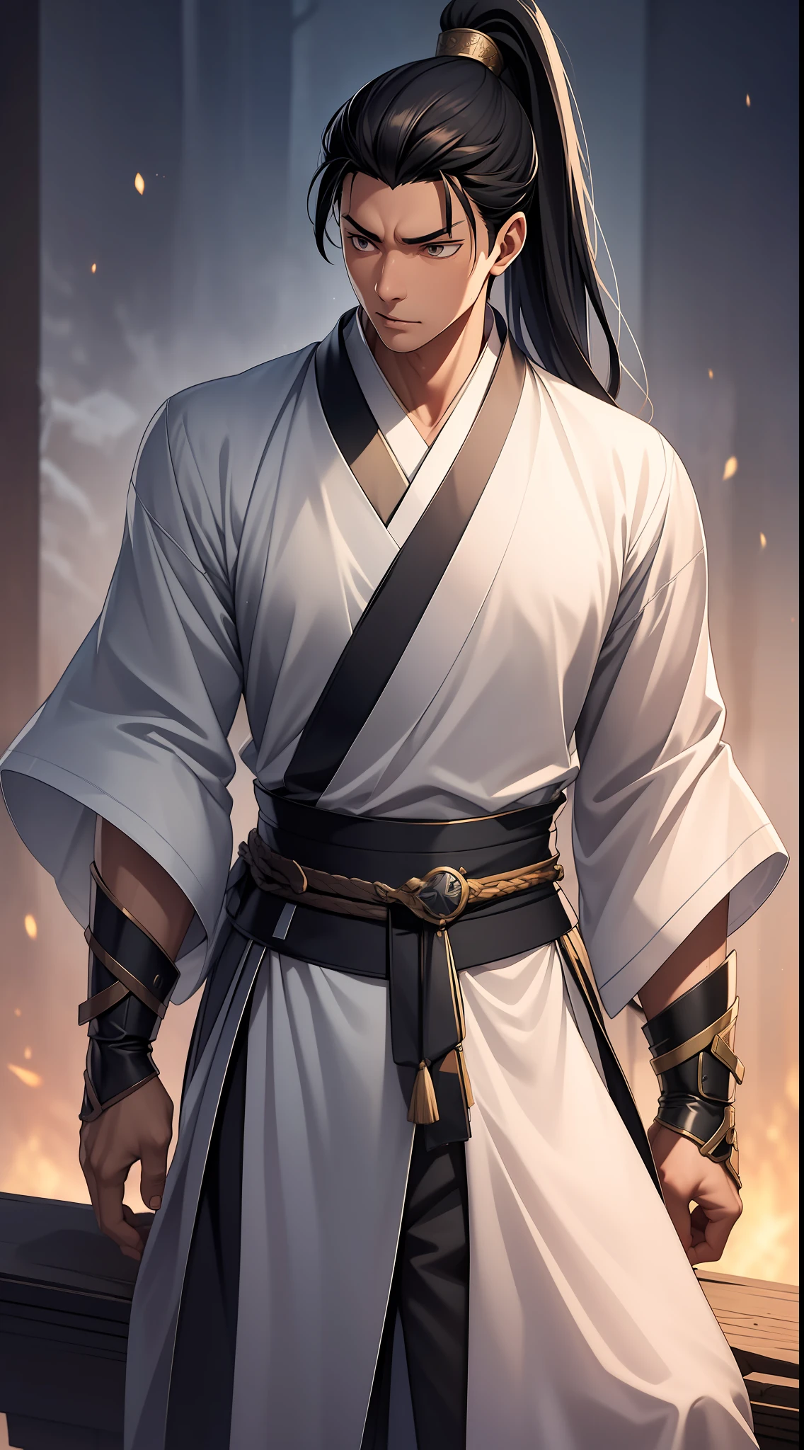 quadratic element，style of anime，mtu（Male Warrior），The proportions are correct，Face details，swordsmen，High ponytail hairstyle，Neck details，There is an Adam's apple，Black Hanfu，kaftan，black toga，clothes details，Handing over，longer sleeves，Game quality，Swordsmanship，Light and shadow tracking，Ray traching，detailed glow，cg render，hair detail，cabelos preto e longos，Black ㇏ eyes，Handsome，Handsome，（juvenile sense），Clothing is complicated，Perfectcomposition，Refinement，high qulity，higher details，Lots of details，The background is complex，a sense of atmosphere，