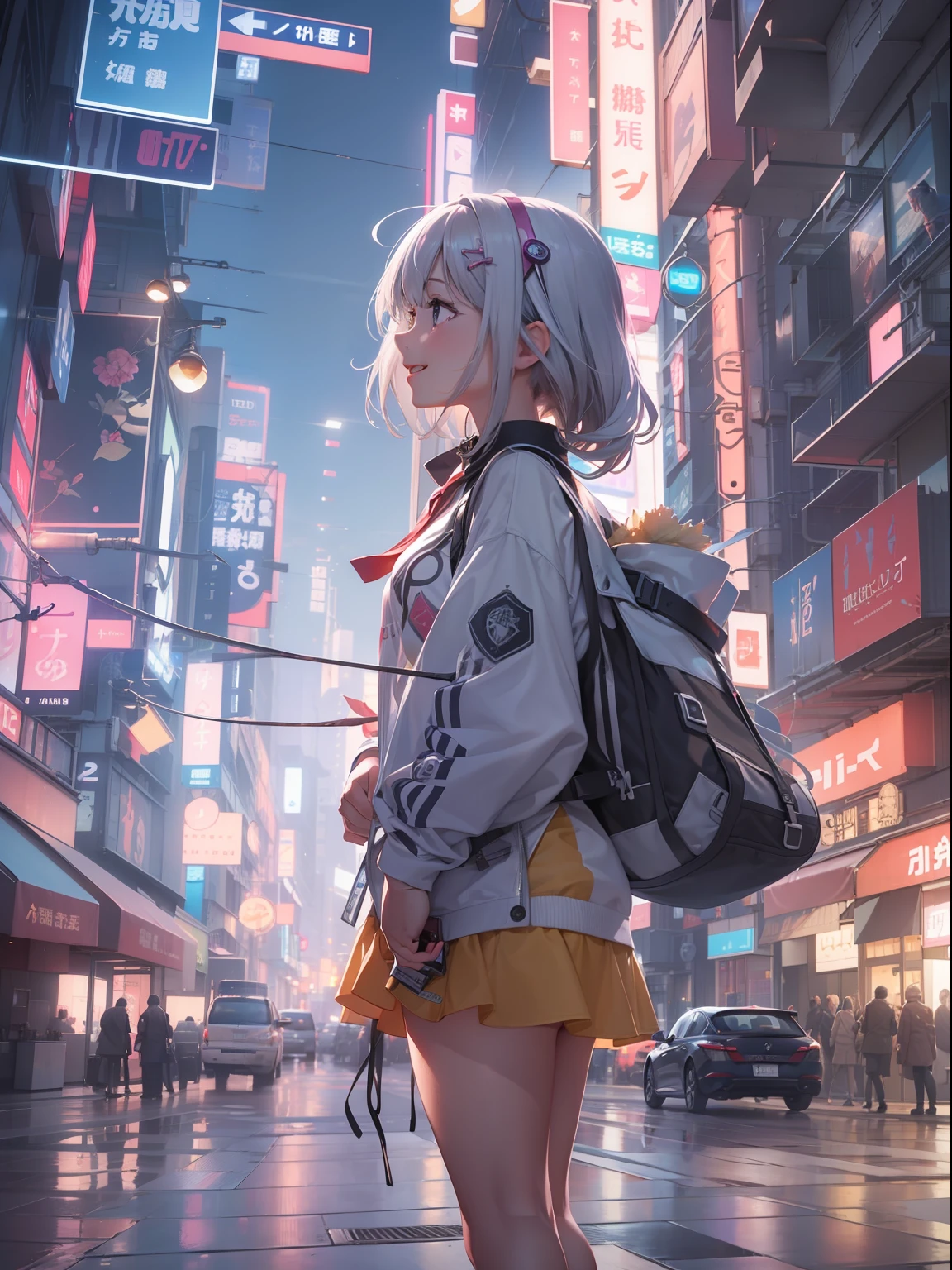 Anime girl in a city with a backpack and umbrella - SeaArt AI