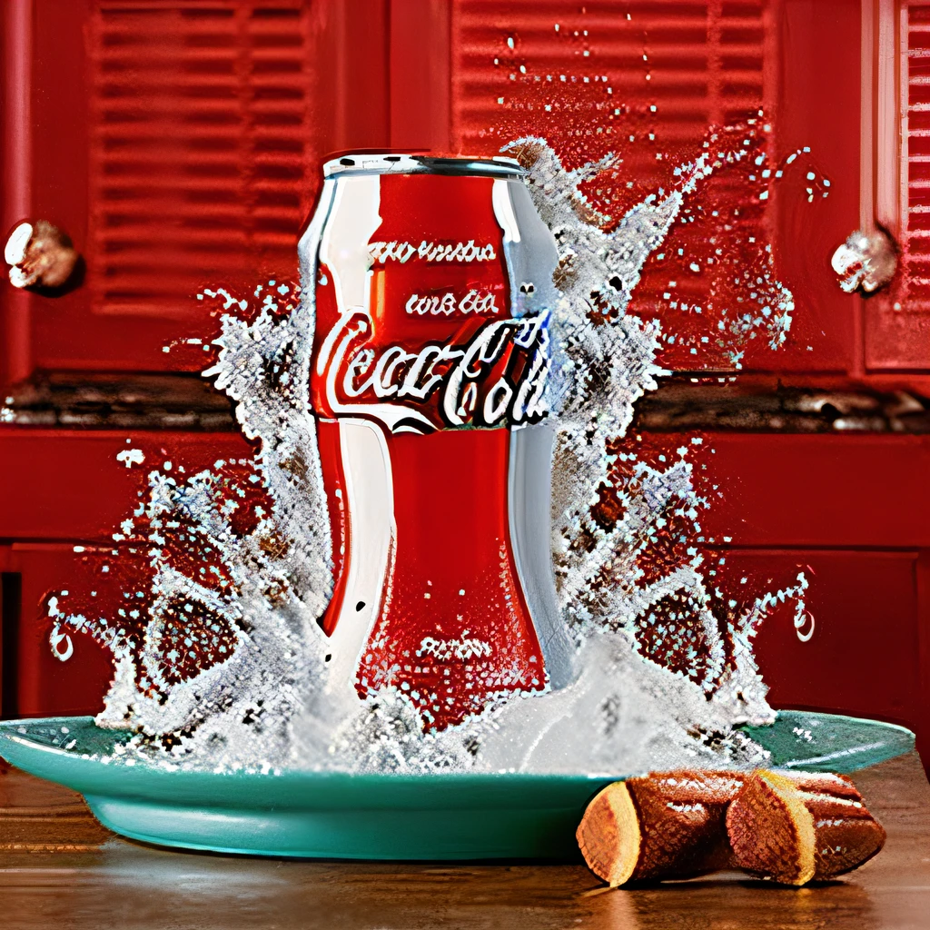 Coca cola can with water splashing out of it on a plate - SeaArt AI