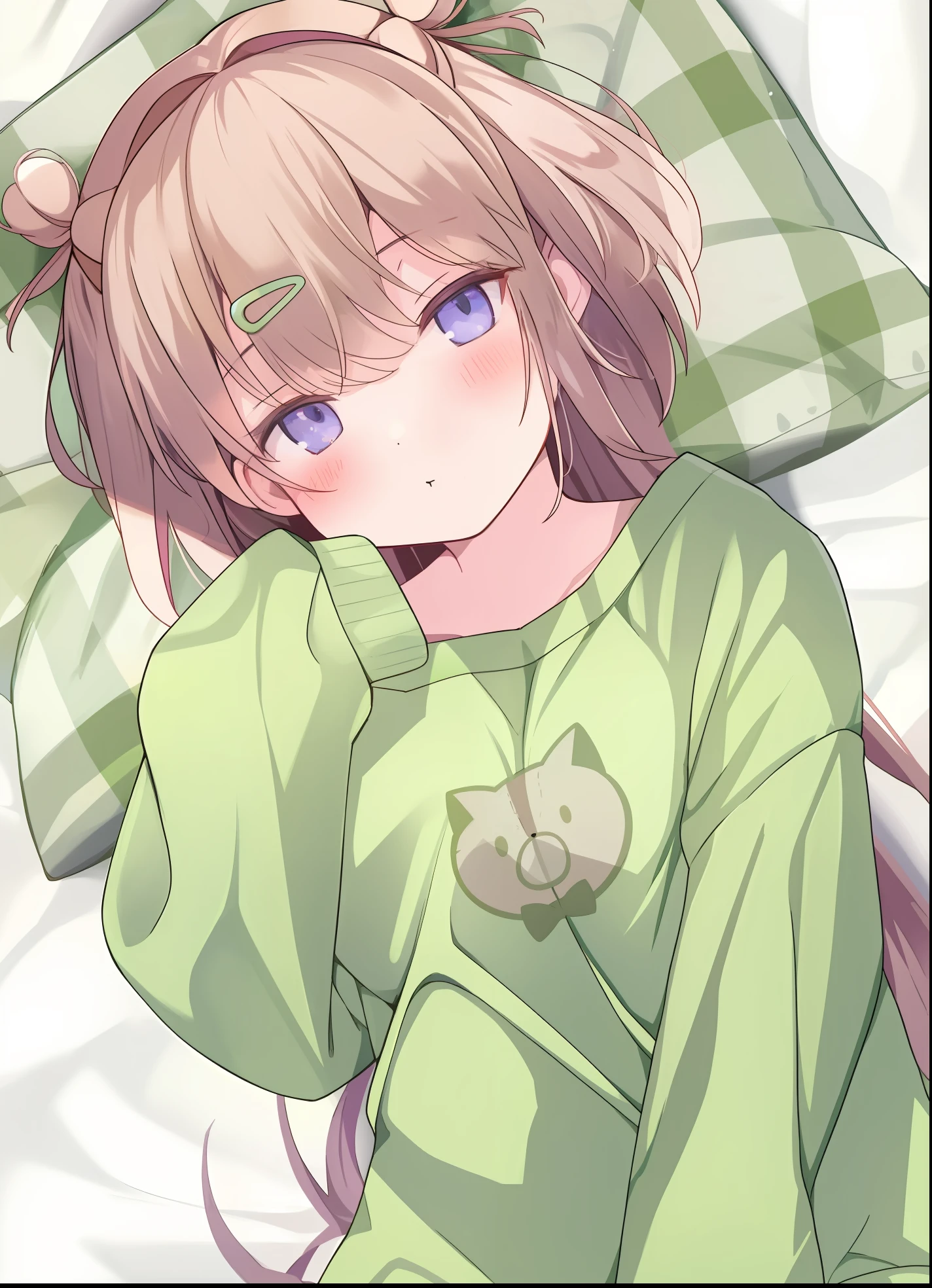 Anime girl lying on bed，Green shirt and green pillow, cute anime catgirl, anime moe art style, Cute anime girl, anime visual of a cute girl, anime catgirl, beautiful anime catgirl, Kawaii realistic portrait, Soft anime illustration, anime girl with cat ears, anime best girl, nightcore, (Anime girl), up of young anime girl, Cute anime