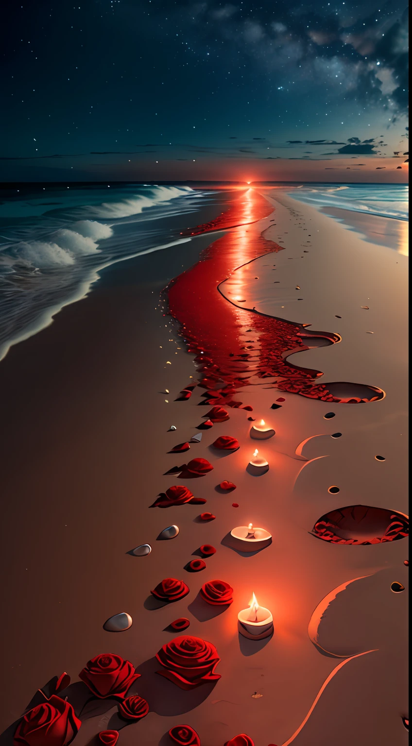 Exquisite scene, shallow depth of field, 8K, beach at night, in the Coral Sea, red roses, roses, a path paved with shiny stones on the beach