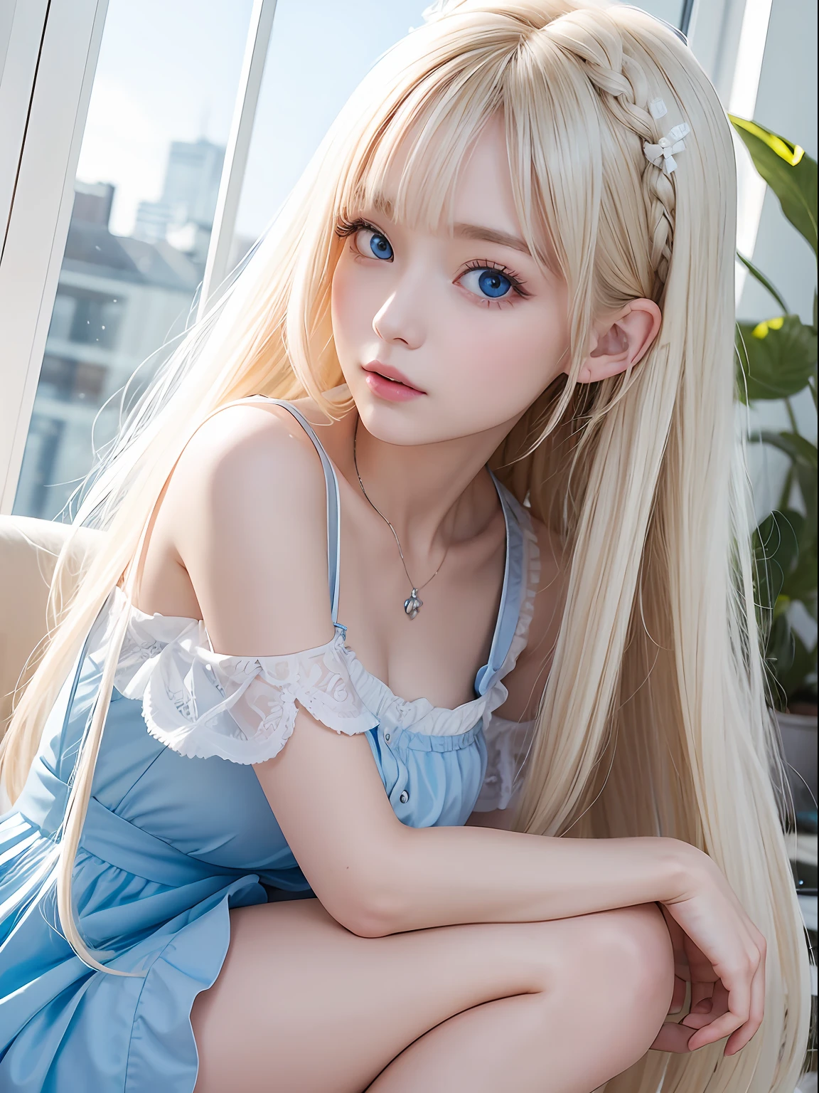photorealisim、top-quality、超A high resolution、a picture、Photo of an exquisitely beautiful Nordic-born girl、Detailed cute and beautiful face、(pureerosface_v1:0.008)、Beautiful bangs、alice in the wonderland、14years、Glowing white shiny skin、bangss、Super long hair、Attractive Natural Platinum Blonde Super Long Straight Silky Hainer hair、Attractive glowing beautiful bright clear light blue big eyes、White Apron、a blue dress、eye liner、Double eyelids、Lush bust