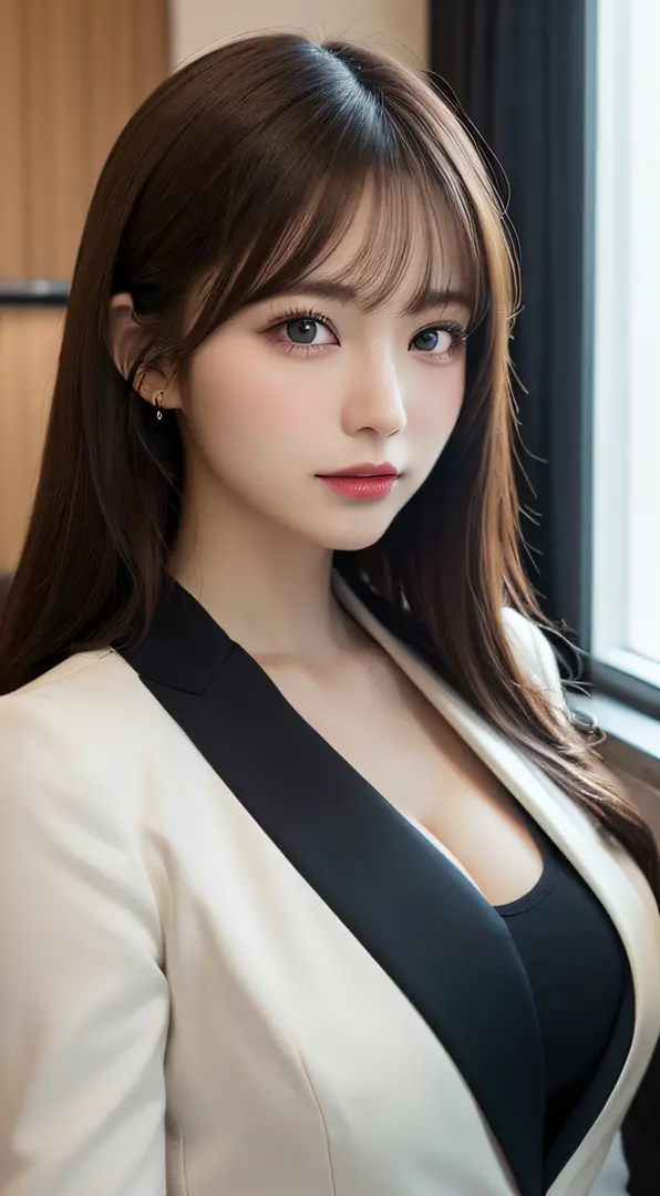 masutepiece, Best Quality, Illustration, Ultra-detailed, finely detail, hight resolution, 8K Wallpaper, Perfect dynamic composition, Beautiful detailed eyes, Business Suit, Natural Lip, Big breasts, Natural hair, suite room,