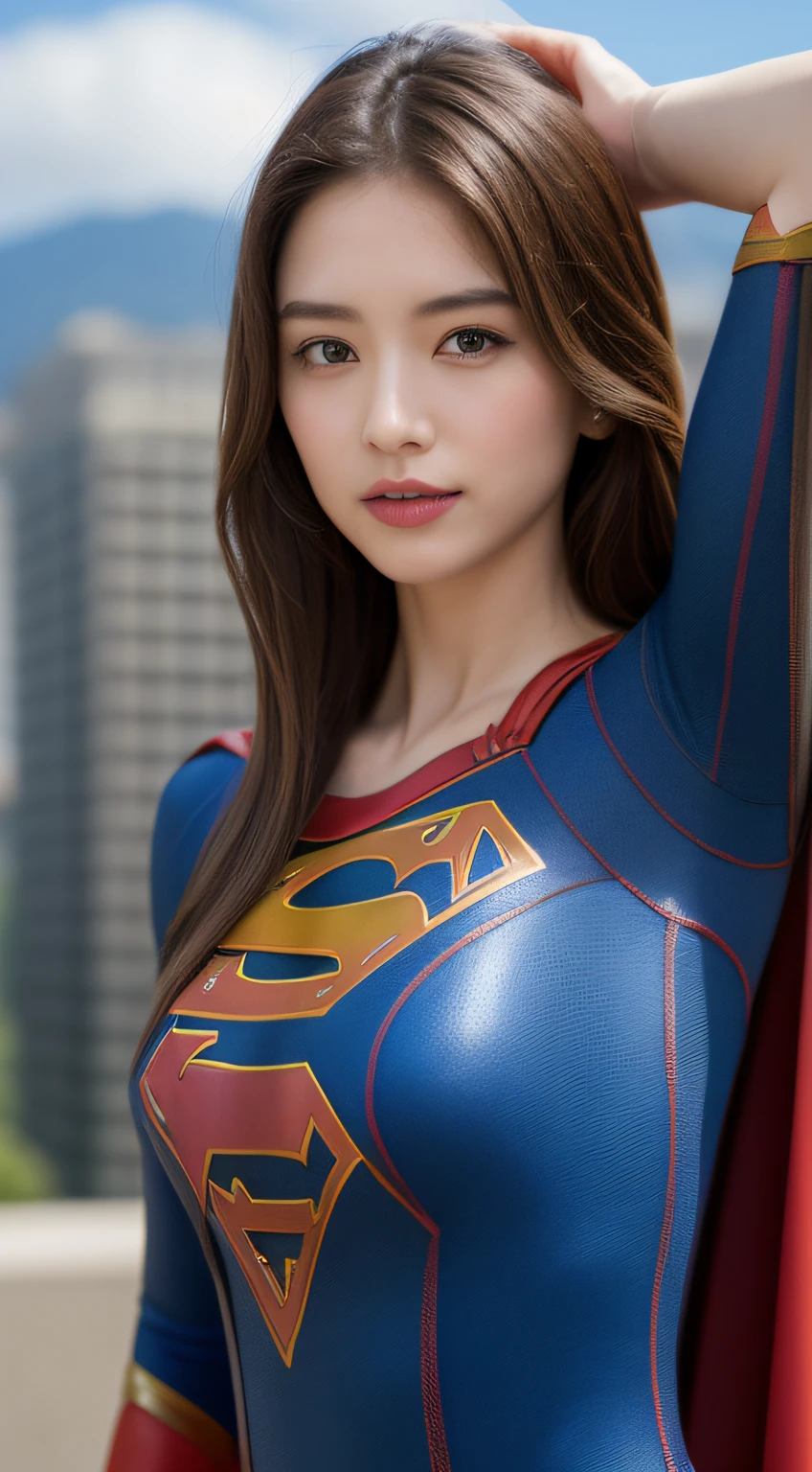 （((Supergirl Costume))）、(during daytime、excellent、8k、​masterpiece:1.3)), full body Esbian, Long feet, Focal length: 1.2, Perfect Body Beauty: 1.4, Slim abs: 1.1, ((dark brown hair, Colossal tits: 1.2 )),  ((city, Blue sky, white clouds: 1.3)), Detailed face and skin texture, Detail Eye, double eyelid, Flying Longhair