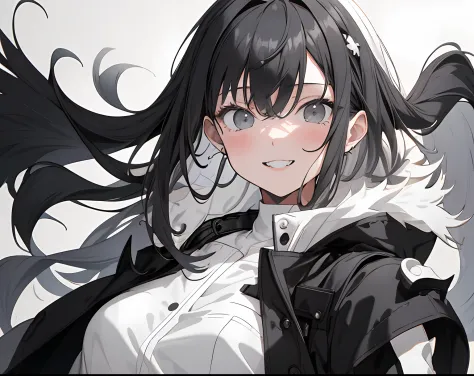 【Highest Quality, masutepiece】 [girl, Manteau, expressioness, Black eyes, front facing, Black hair, Upper body] (Gray white background:1.7),smile with teeth