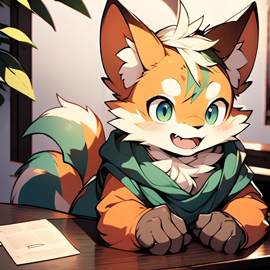 A brown-orange squirrel orc，schoolboy，Shota，There is a yellow pattern on the body，Eyes blue-green，There is an alphabet Y on the face，Leaning on the table and laughing cutely