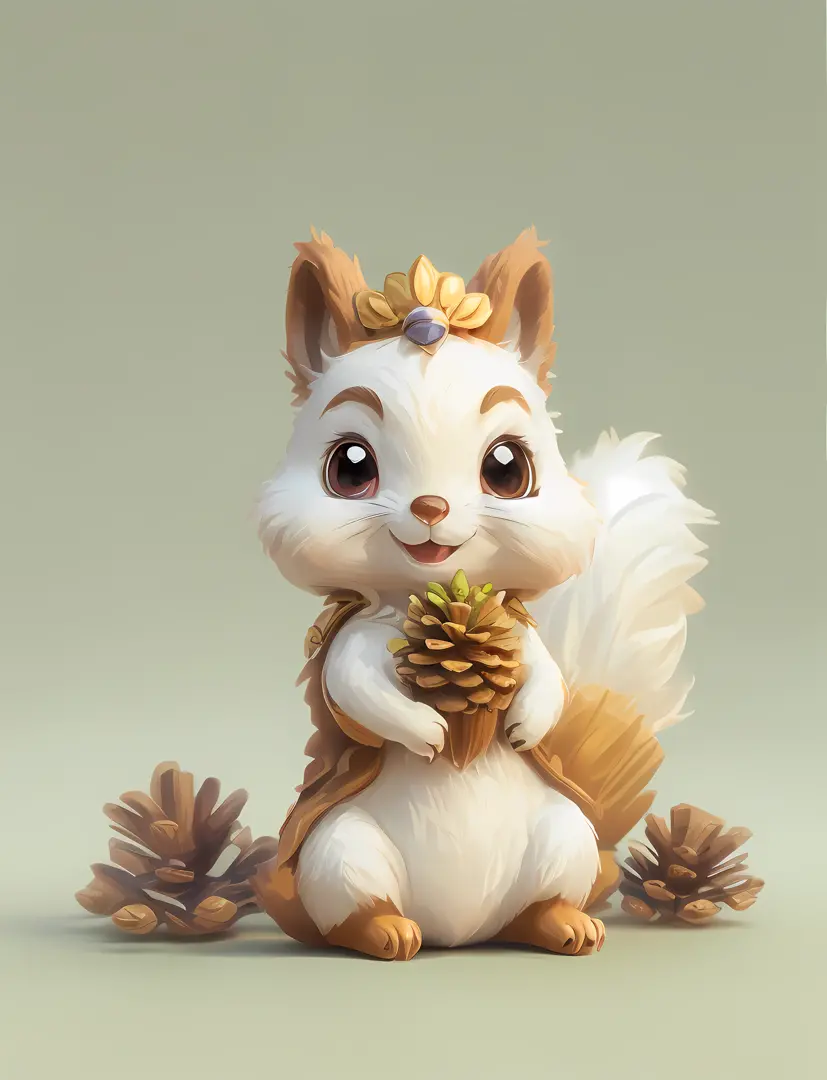 A super cute Squirrel with big eyes, wearing white and golden ethnic style clothing, holding a pinecone, cute expression, charmi...
